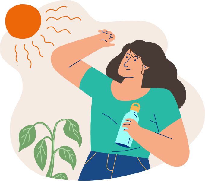 Woman shielding from the sun and drinking water beside a wilting plant during a heatwave