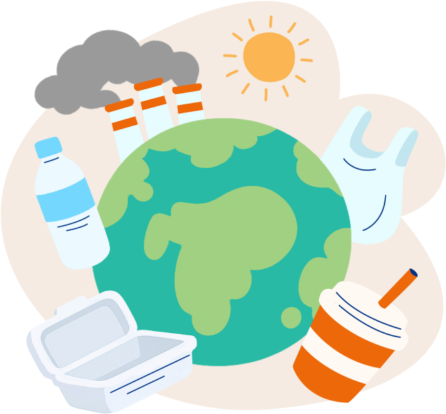 Earth surrounded by single-use plastics — bag, bottle, cup and takeaway box — and factory smokestacks