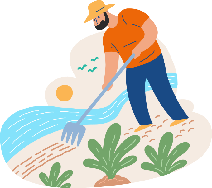 Farmer tending crops beside a stream under the sun in the Mediterranean