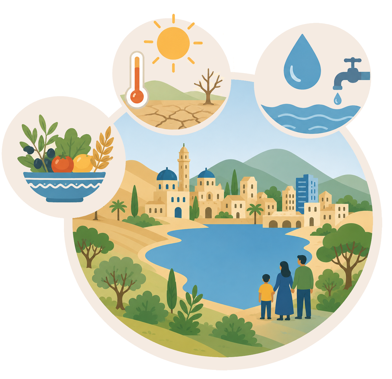 Le système eau, alimentation, énergie et nature sous pression — robinet à sec, culture flétrie, terre craquelée et incendie de forêt