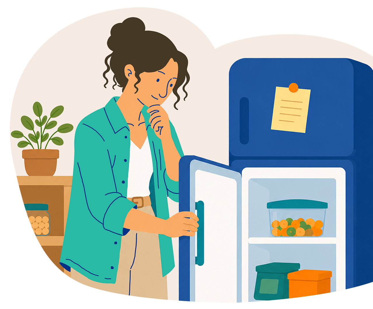 Woman checking her fridge to plan meals and reduce food waste at home