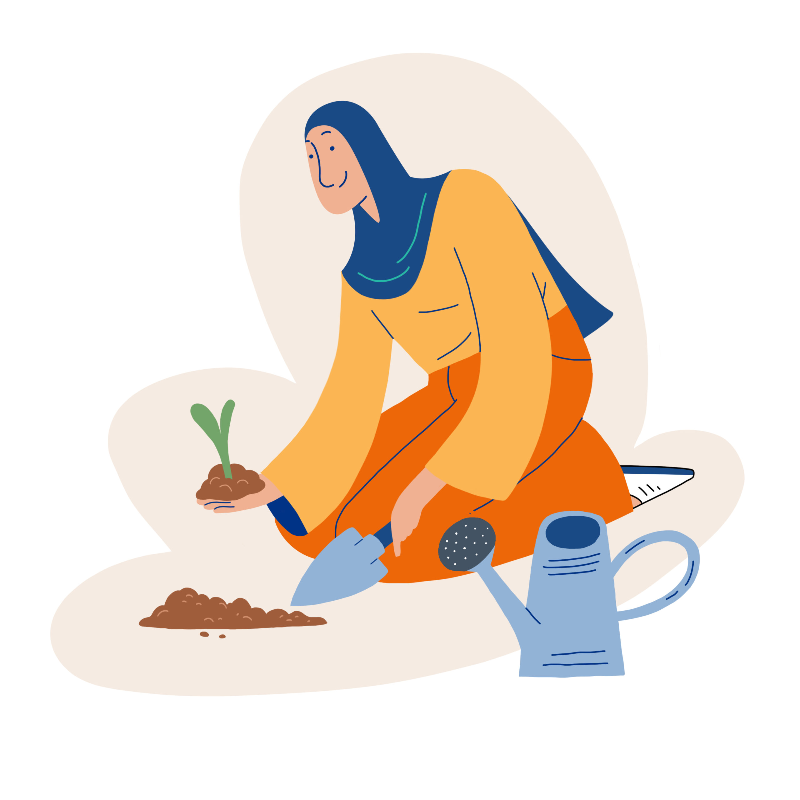 Woman planting a seedling in soil with a trowel and watering can for a balcony garden